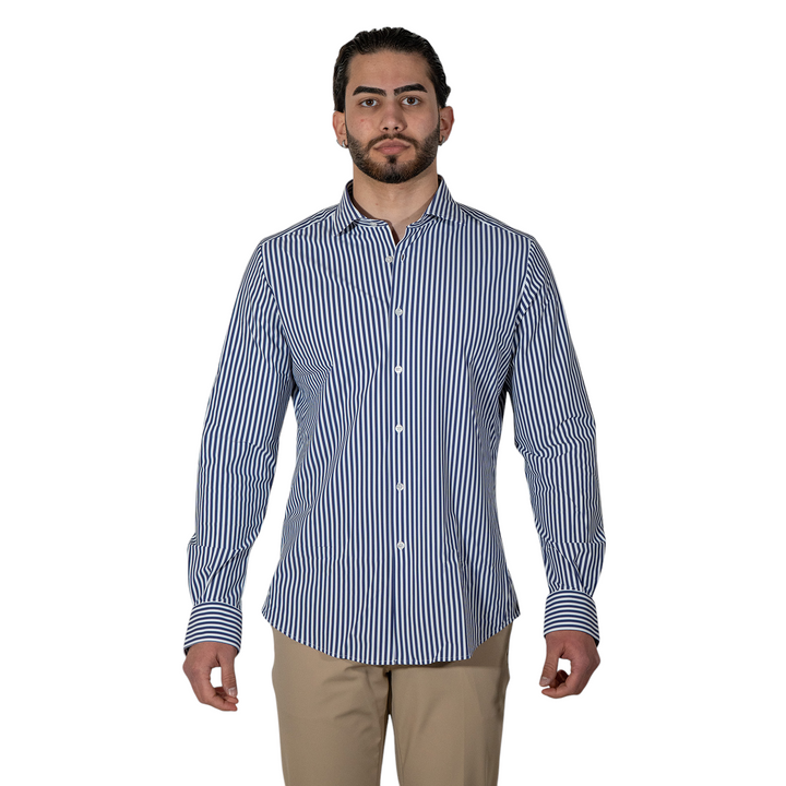 Camicia M/L Collo Francese Rigata Blu NO STIRO