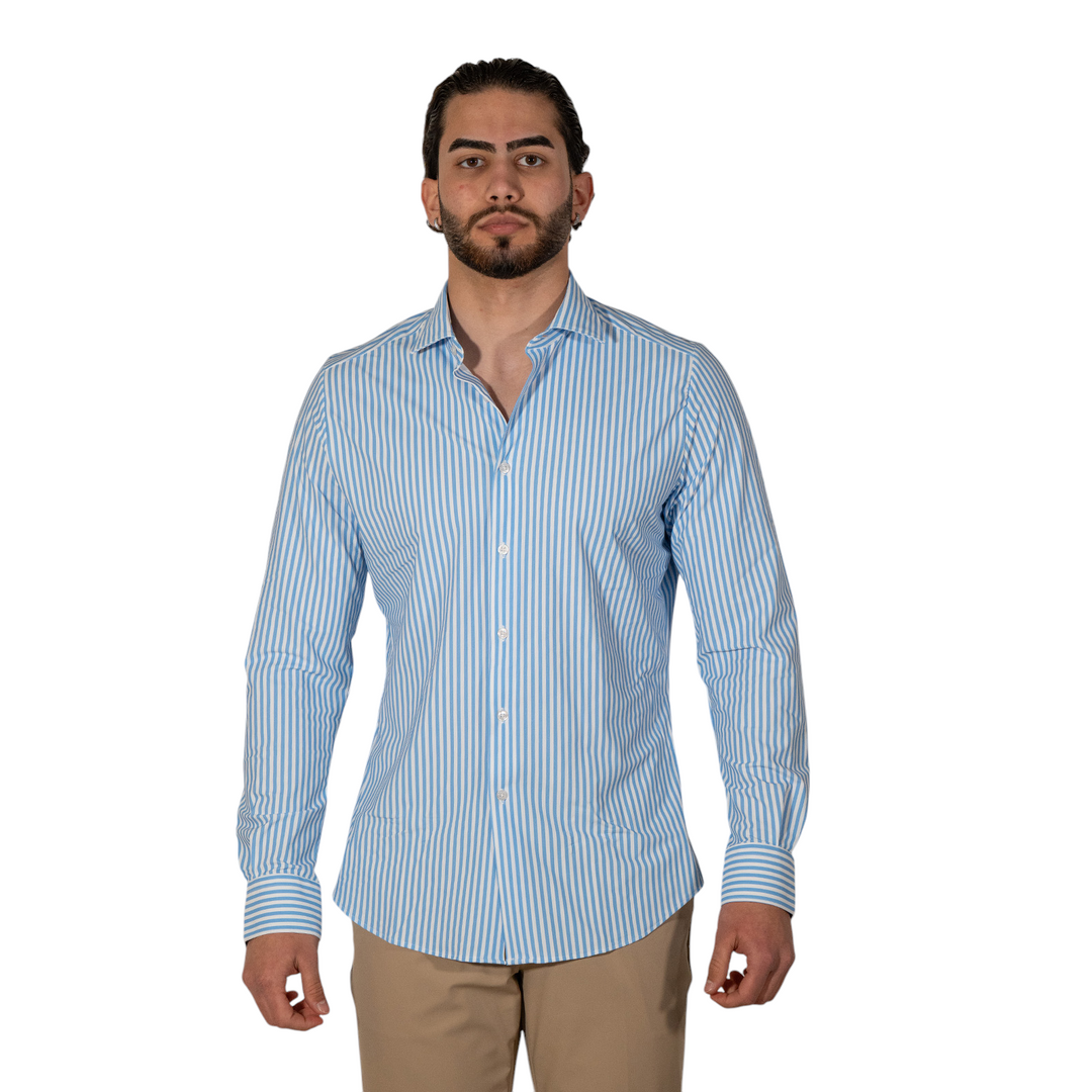 Camicia M/L Collo Francese Rigata Celeste NO STIRO