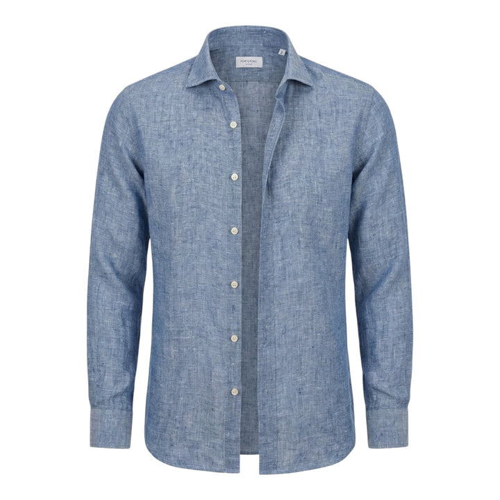 Camicia Manica Lunga Custom Fit 100%Lino Blu Washed