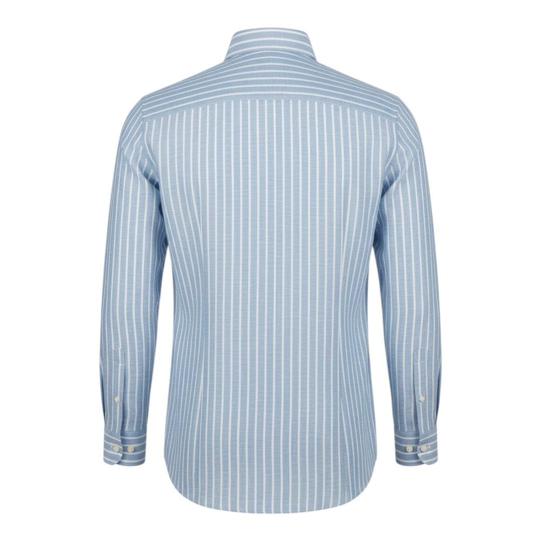 Camicia Manica Lunga Custom Fit 100%Lino Rigata Blu-Bianco Washed