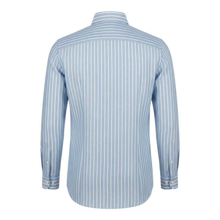 Camicia Manica Lunga Custom Fit 100%Lino Rigata Blu-Bianco Washed