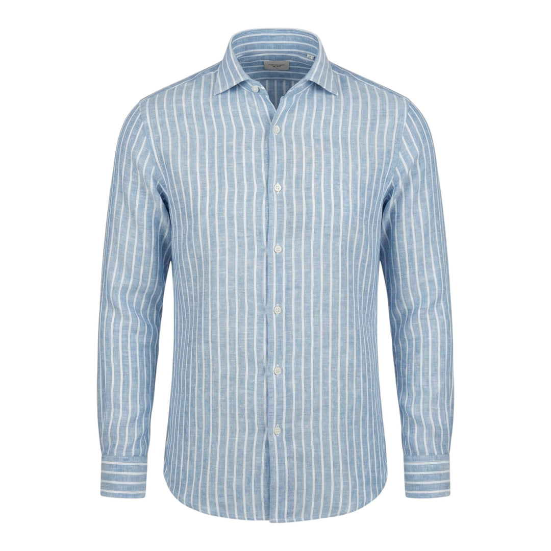Camicia Manica Lunga Custom Fit 100%Lino Rigata Blu-Bianco Washed