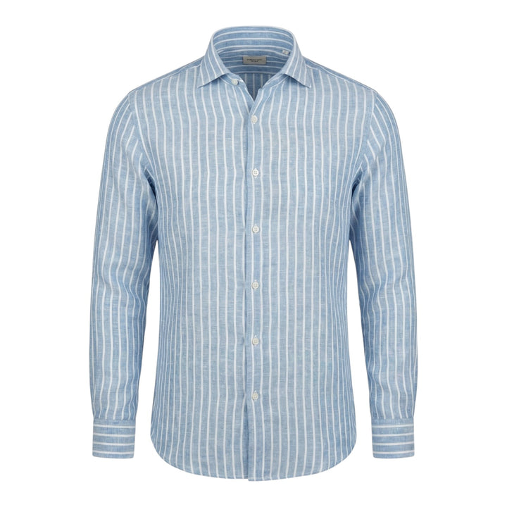 Camicia Manica Lunga Custom Fit 100%Lino Rigata Blu-Bianco Washed