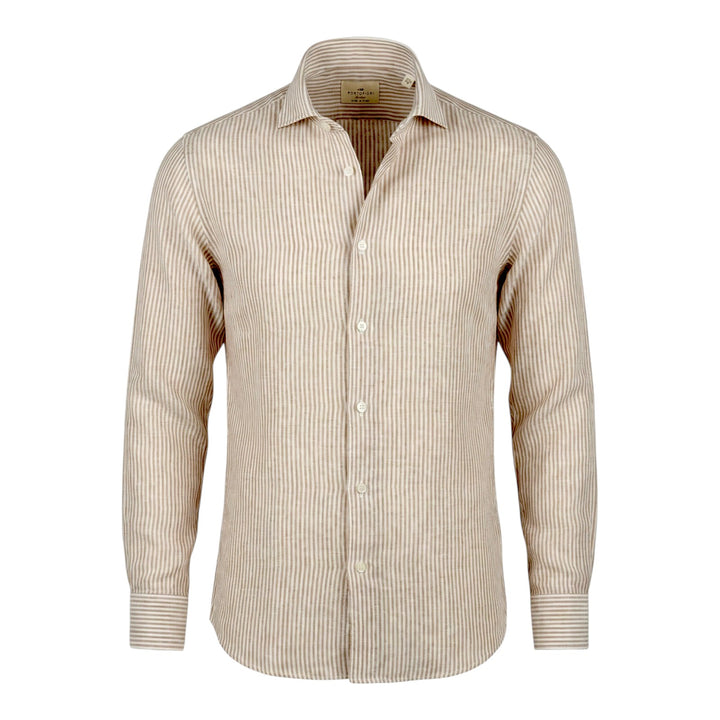 Camicia Manica Lunga Custom Fit 100%Lino Rigata Beige-Bianco Washed